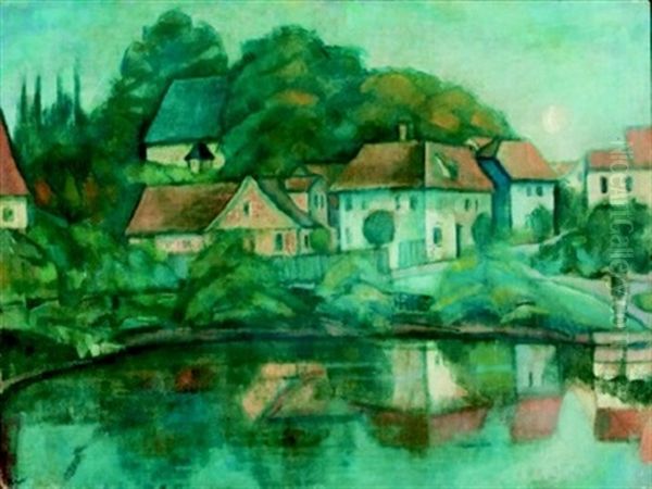 Thuringen, Landschaft Mit Dorf Am Weiher Oil Painting by Anita Ree