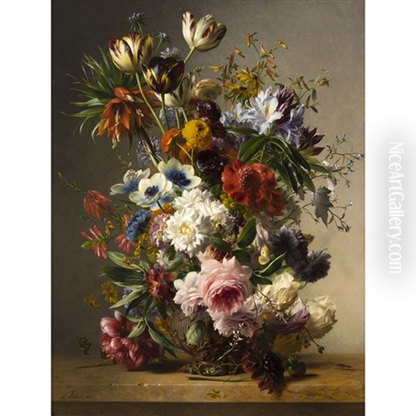 Still Life Of Flowers On A Stone Ledge Oil Painting by Hendrik Reekers