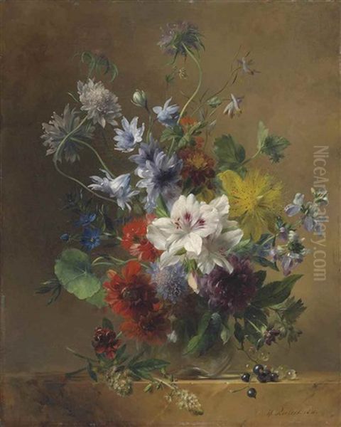 Summer Flowers In A Glass Vase On A Stone Ledge by Hendrik Reekers