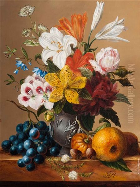 Still Life With Flowers In A Vase And Fruit And Hazelnuts On A Plinth Oil Painting by Hendrik Reekers