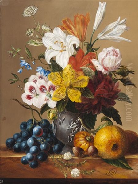 Still Life With Flowers In A Vase And Fruit And Hazelnuts On A Plinth by Hendrik Reekers