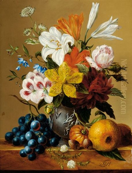 Still Life With Flowers In A Vase And Fruit And Hazelnuts On A Ledge Oil Painting by Hendrik Reekers