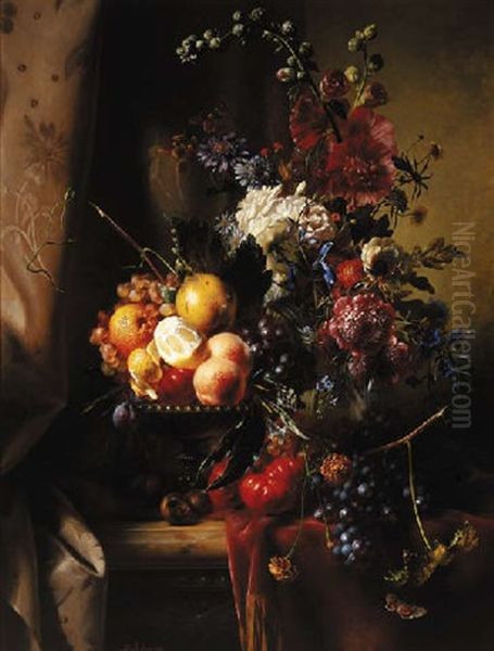 A Still Life With Roses, Hollyhocks And Other Flowers In A Glass Vase And Fruit On Tazza On A Marble Ledge Oil Painting by Hendrik Reekers