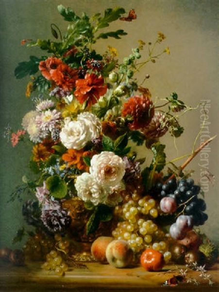 Dahlias, Nasturtiums, Roses And Other Flowers In A Copper Ewer With Plums, Grapes And Peaches On A Marble Ledge Oil Painting by Hendrik Reekers