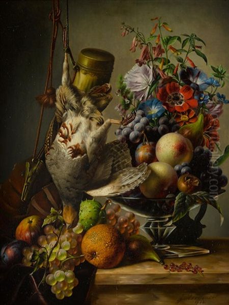 A Still Life With Game And Fruit On A Ledge by Johannes Reekers