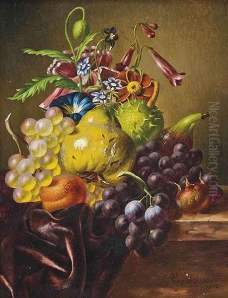 A Pear, Grapes, A Fig, An Apricot, A Horse-chestnut And Summer Flowers On A Draped Ledge Oil Painting by Johannes Reekers