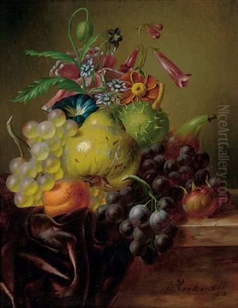 A Pear, Grapes, A Fig, An Apricot, A Horse-chestnut And Summer Blooms Flowers Oil Painting by Johannes Reekers