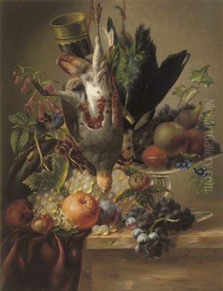 A Partridge, A Plover, Fruit And Flowers Oil Painting by Johannes Reekers