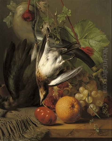 Fruit And Poultry On A Ledge Oil Painting by Johannes Reekers