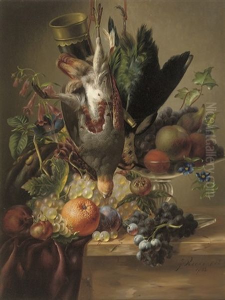 Still Life With A Partridge, Plover, Fruit And Flowers Oil Painting by Johannes Reekers