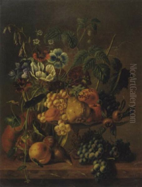 A Still Life With Various Fruit And Flowers Oil Painting by Johannes Reekers