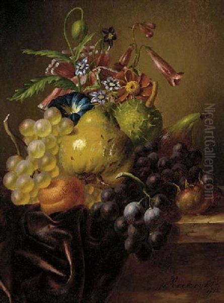 Grapes On The Vine, A Pear, A Peach, A Fig, A Horse Chestnut And Assorted Flowers On A Draped Stone Ledge Oil Painting by Johannes Reekers