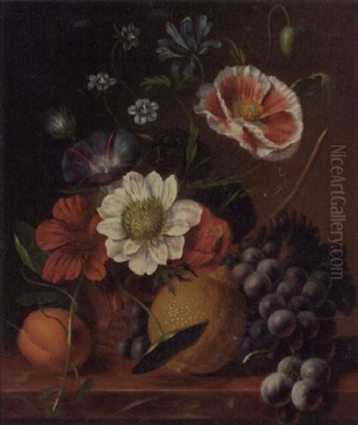 A Still Life With Flowers And Fruit On A Ledge Oil Painting by Johannes Reekers