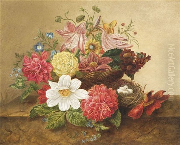 Blumenstillleben Mit Vogelnest Oil Painting by Johannes (Jan) Reekers