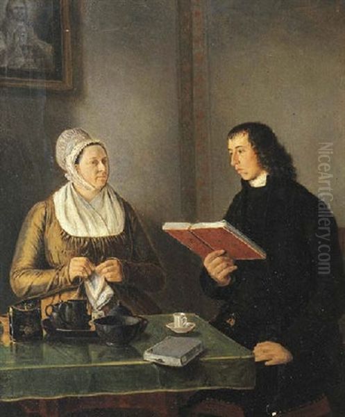 Portrait Of The Reverend Hermannus Manger And His Wife Geertruida Coulon, Seated By A Table, In An Interior Oil Painting by Johannes (Jan) Reekers