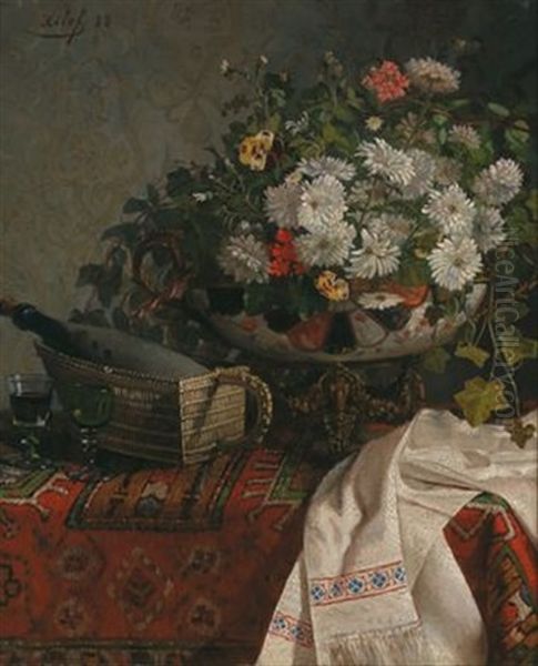 Stillleben Mit Blumen In Schale Und Weinflasche Oil Painting by Felix Elie Regamey