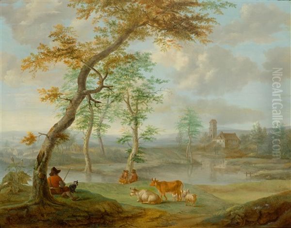 Shepherd With Cattle In A Landscape Oil Painting by Ignatius Josephus van Regemorter