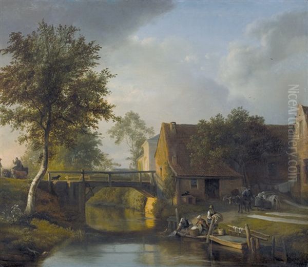 Dorfidylle Mit Wascherinnen Am Fluss Oil Painting by Ignatius Josephus van Regemorter