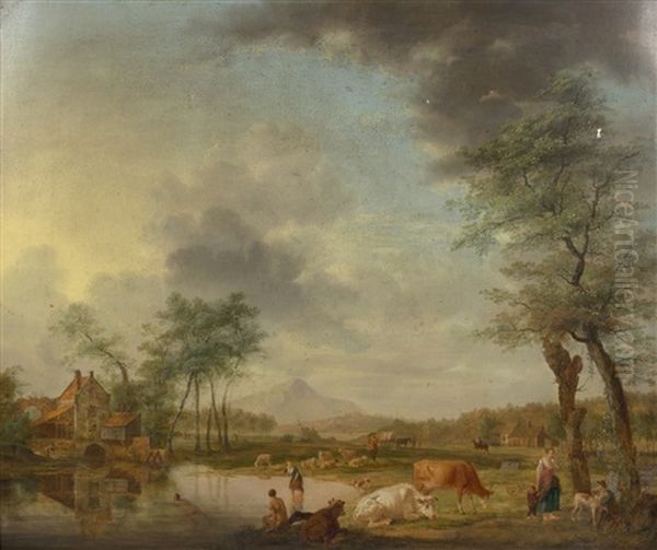 Landscape With Figures, Cattle And Bathers By A Lake Oil Painting by Petrus Johann Van Regemorter