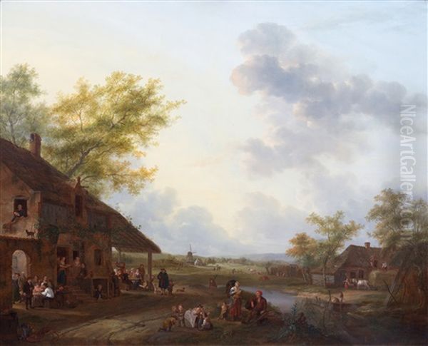 Rural Village Scene With Numerous Figures At An Inn Oil Painting by Petrus Johann Van Regemorter