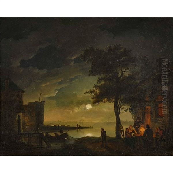 Hollandische Seelandschaft Bei Mondschein Oil Painting by Petrus Johann Van Regemorter