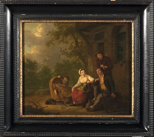 Scene Familiale Devant La Ferme Oil Painting by Petrus Johann Van Regemorter