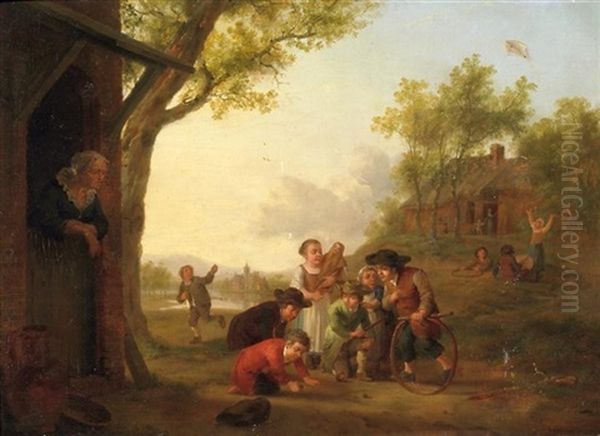 Kinderspiel Auf Dem Dorfplatz Oil Painting by Petrus Johann Van Regemorter