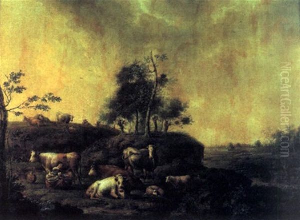 Le Repos Du Troupeau Dans Un Paysage Oil Painting by Petrus Johann Van Regemorter