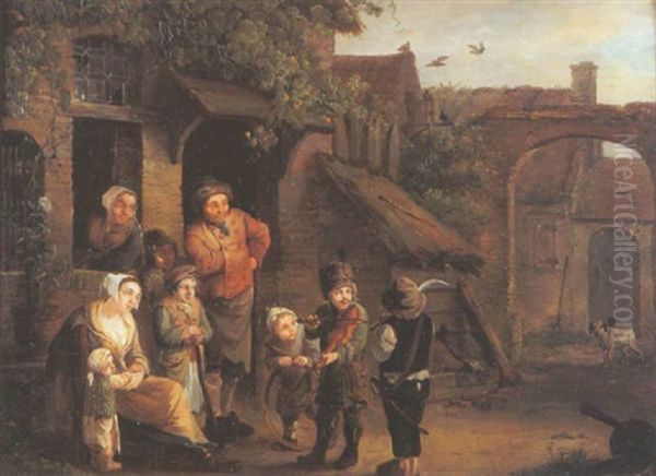 Le Concert De Violon D'un Jeune Cosaque Dans La Cour D'une Ferme Oil Painting by Petrus Johann Van Regemorter