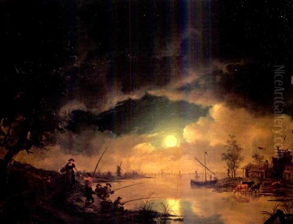 A Moonlit River Landscape With Fishermen, Cattle Watering By A Cottage Beyond Oil Painting by Petrus Johann Van Regemorter