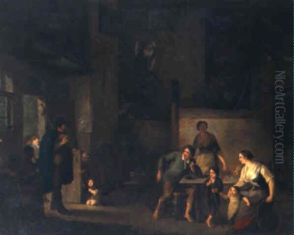 Bauerliches Interieur Mit Eintretender Musikantengruppe Oil Painting by Petrus Johann Van Regemorter