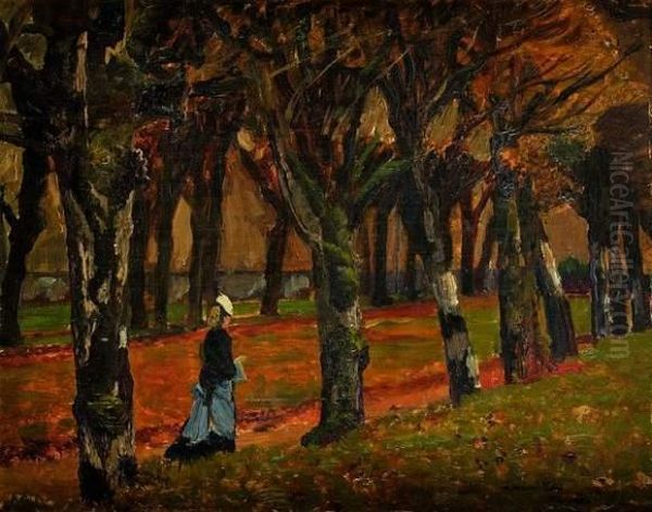 Elegante Dans Une Allee D'arbres Oil Painting by H. Bonjour