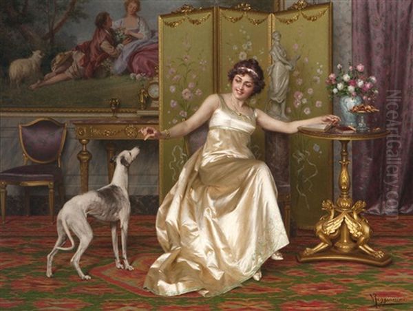 Woman Reading With An Italian Greyhound At Her Side Oil Painting by Vittorio Reggianini