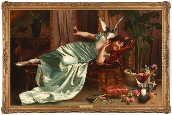 Fowl Play, Reclining Woman In A Mint Green Gown Frolicking With Doves In A Salon Oil Painting by Vittorio Reggianini