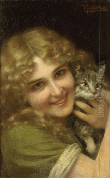 Beste Freunde: Junge Frau Mit Katzchen Oil Painting by Vittorio Reggianini