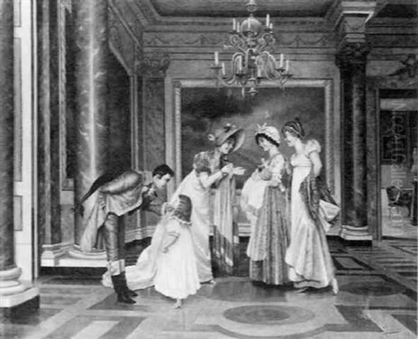 Klassizistisches Interieur Mit Drei Jungen Damen, Einem Kavalier Und Einem Kleinen Madchen Oil Painting by Vittorio Reggianini