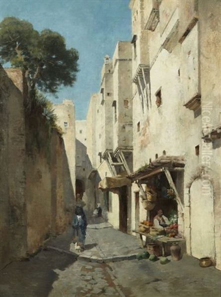 Marchand De Fruits, Dans Une Ruelle Aux Remparts, A Fruit Merchant In A Street Oil Painting by Emile Regnault de Maulmain