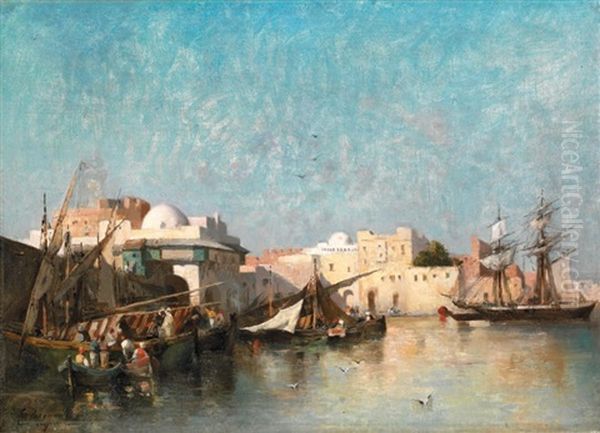 Voiliers Et Pecheurs Dans Un Port Oriental Oil Painting by Emile Regnault de Maulmain