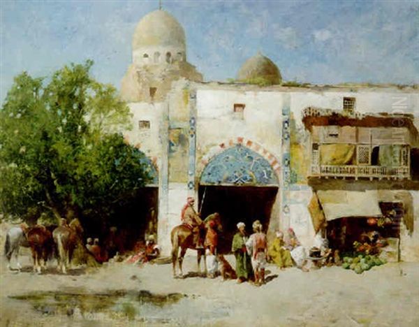 Horses Before A Mosque Oil Painting by Emile Regnault de Maulmain