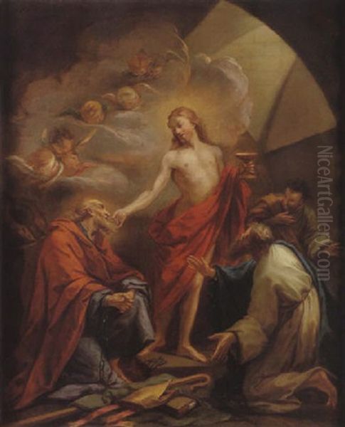 Saint Denis, Saint Rustique Et Saint Eluthere Recevant La Communion Des Mains De Jesus-christ Oil Painting by Etienne Regnault