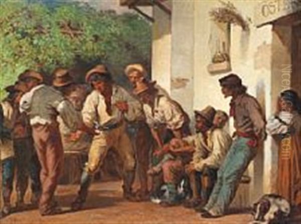 Italian Morra Players Outside An Osteria Oil Painting by Henri Regnault