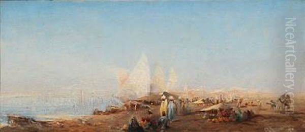 View From Egypt With Merchants, In The Background A City Oil Painting by Henri Regnault