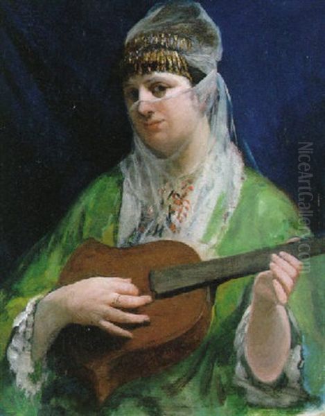 A Turkish Lady Playing Music Oil Painting by Henri Regnault