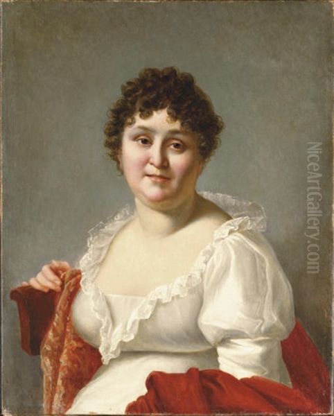 Portrait Of Madame Regnault In A White Dress And Persimmon Shawl Oil Painting by Jean-Baptiste Regnault