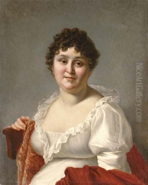 Portrait Of Madame Regnault In A White Dress And Persimmon Shawl Oil Painting by Jean-Baptiste Regnault