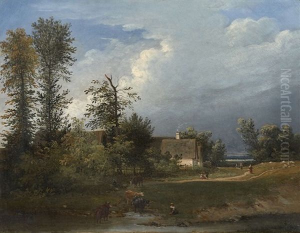 Scene D'un Village Du Pays De Caux Oil Painting by Auguste Jacques Regnier