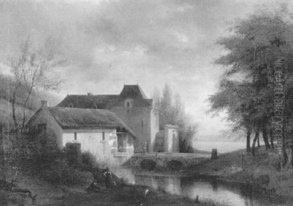 Landschaft Mit Zwei Hausern An Einem Bach Oil Painting by Auguste Jacques Regnier