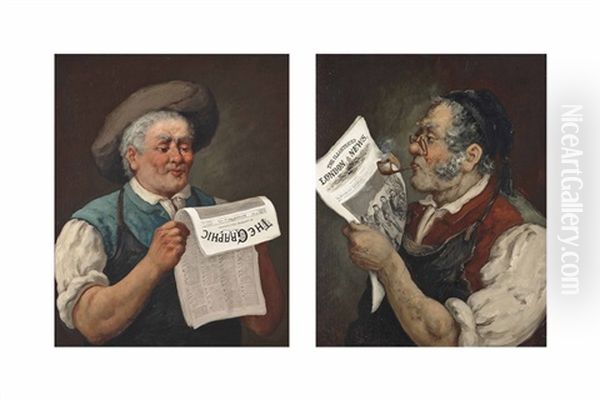 A Man Smoking A Pipe Reading The Illustrated London News, Saturday 9 March Edition (+ A Man Reading A Copy Of The Graphic Dated Saturday May 24, 1879 (both Illustrated); 2 Works) Oil Painting by Claude Regnier