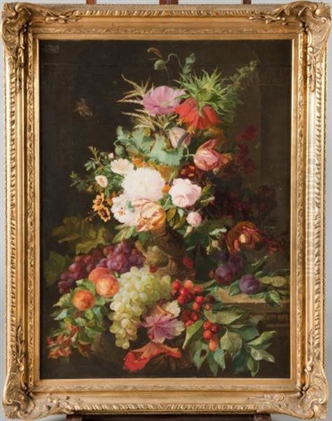 Vase De Fleurs Sur Un Entablement Et Composition De Fruits Oil Painting by Jean-Marie Regnier