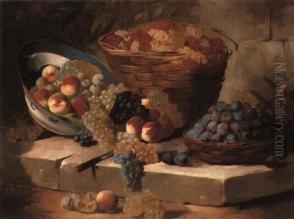 A Basket Of Fruit On A Stone Ledge Oil Painting by Ludovic Regnier